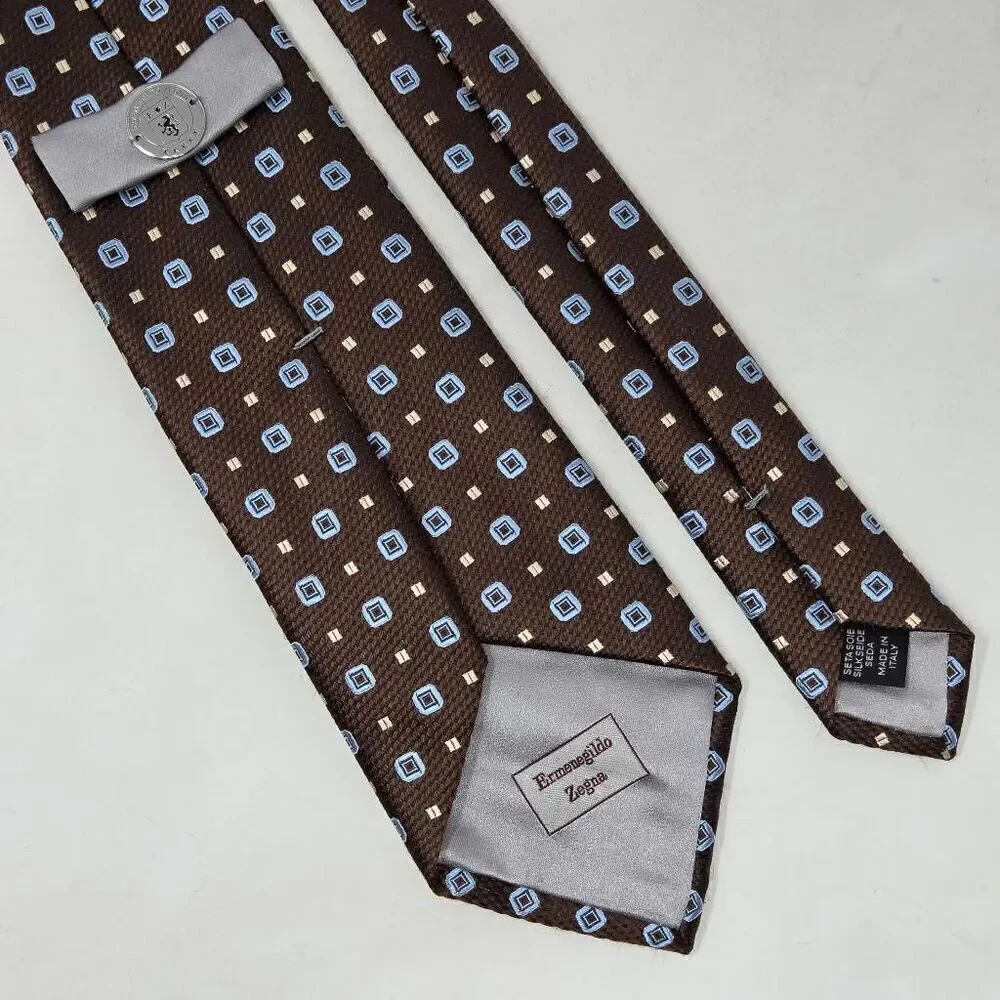 ERMENEGILDO ZEGNA SILK TIE BROWN GEOMETRIC LUXURY SATIN 3.5